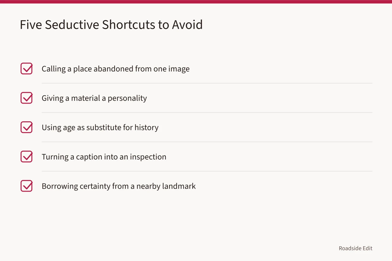 Checklist of five common roadside reporting shortcuts to avoid (Roadside architecture mistakes: a claim card method before you publish)