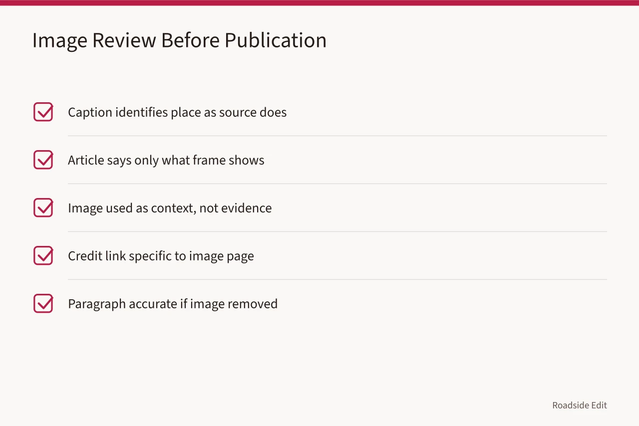 Five-question image review checklist for roadside article photos (Roadside architecture mistakes: a claim card method before you publish)