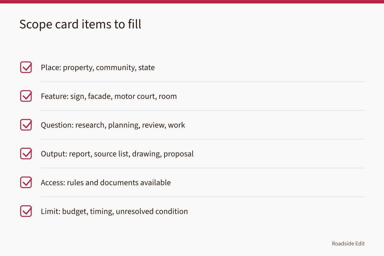 Checklist of six scope-card items with examples for each (Roadside architecture provider checklist: how to compare scope and evidence)