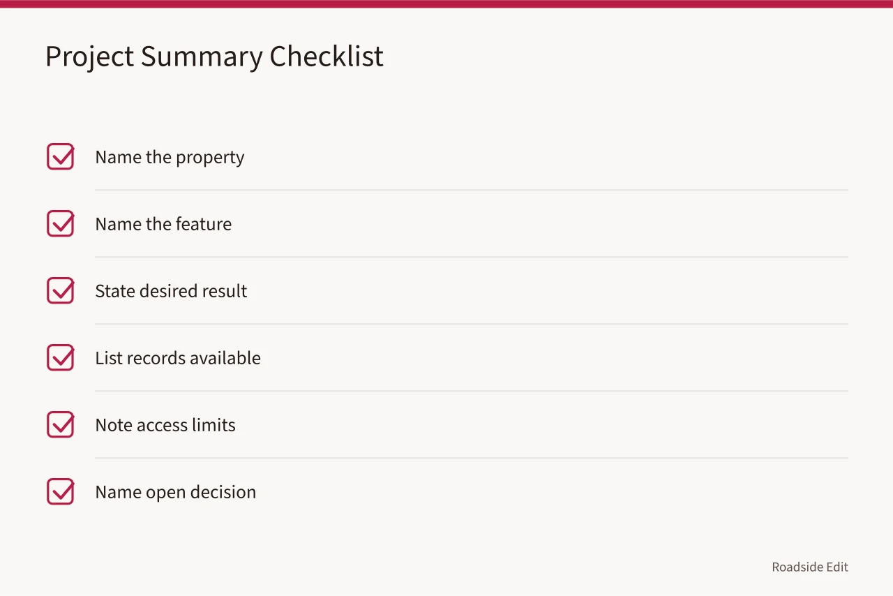 Checklist of six items for writing a shared project summary (Roadside architecture provider questions to ask before you compare fees)