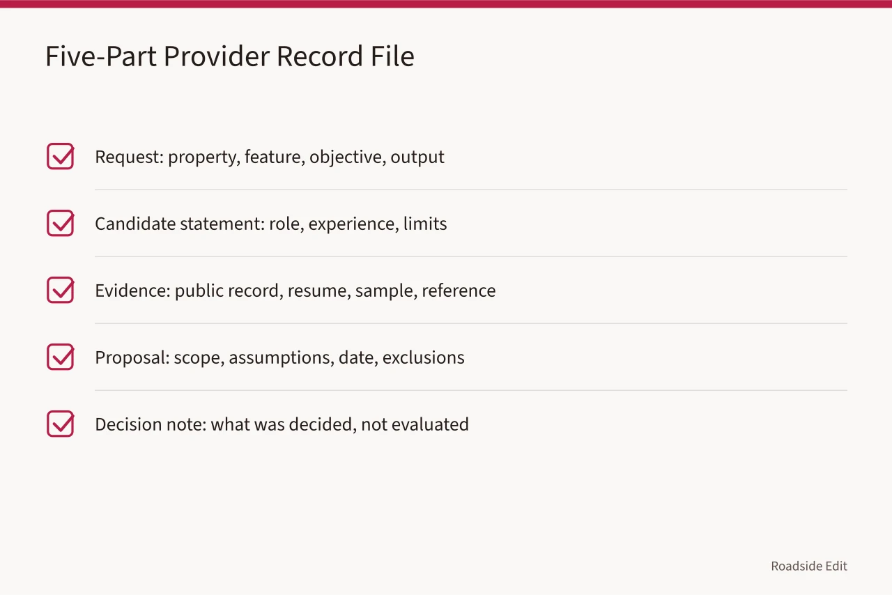 Checklist of five record types: request, candidate statement, evidence, proposal, decision note (How to keep roadside architecture provider records clean before publication)