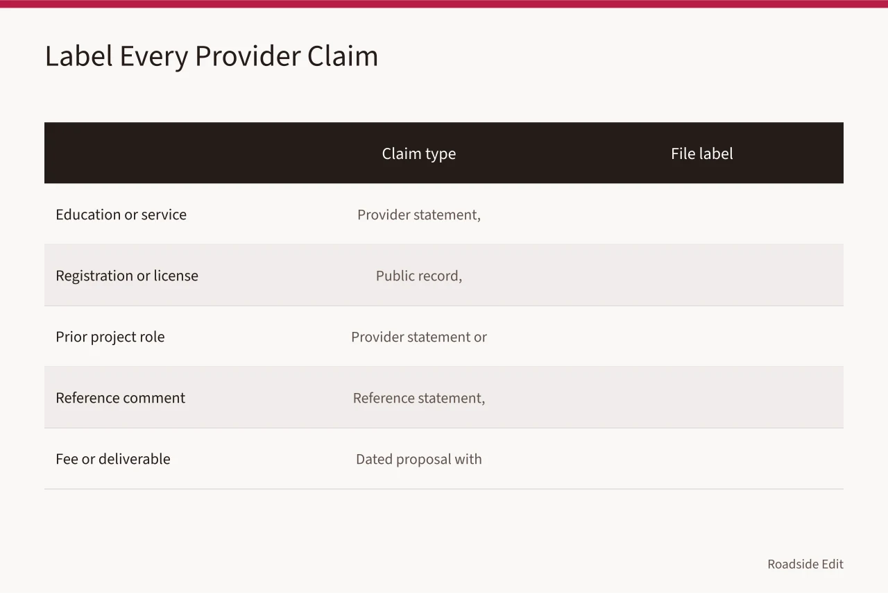 Table pairing five claim types with the file label each should carry (How to keep roadside architecture provider records clean before publication)
