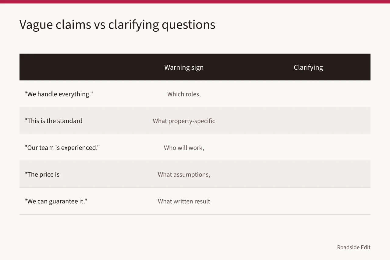 Table pairing vague provider phrases with clarifying questions (How to read roadside architecture provider warning signs before you hire)