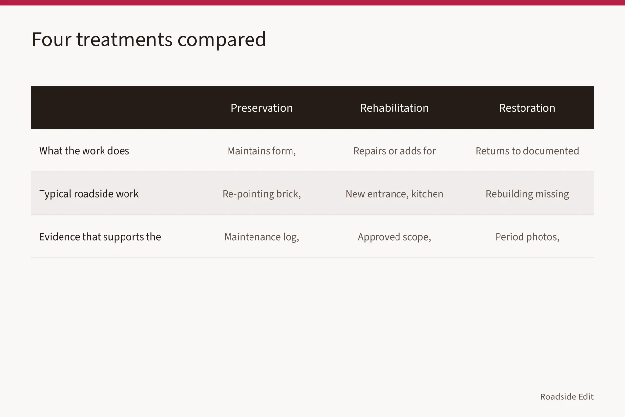 Comparison table of preservation, rehabilitation, restoration and reconstruction with roadside examples and evidence (Roadside architecture rehabilitation questions to ask before you publish a compatible-use claim)