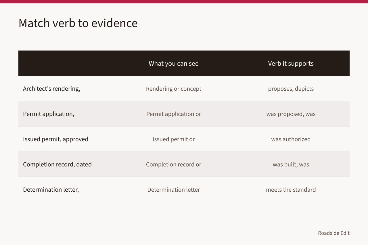 Table pairing each evidence type with the verb it supports, from rendering to determination letter (Roadside architecture rehabilitation questions to ask before you publish a compatible-use claim)