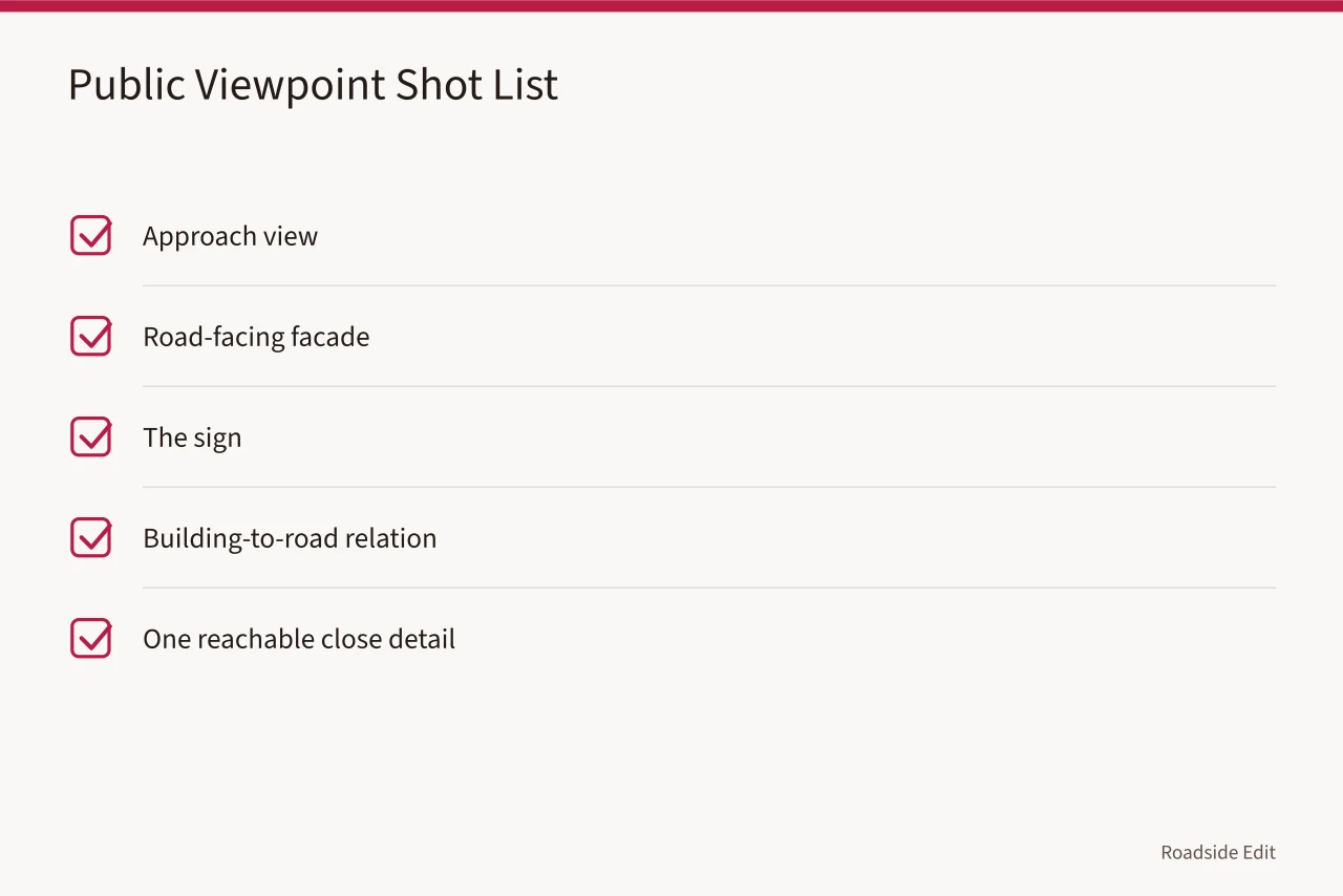 Checklist of five public-viewpoint shots for a roadside site visit (How to build a roadside architecture research plan before you start fieldwork)