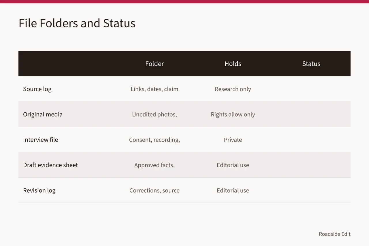 Comparison table of five project folders and their publication status (How to build a roadside architecture research plan before you start fieldwork)