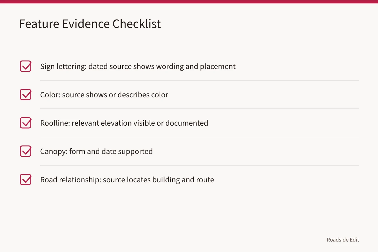 Checklist of five roadside features with evidence questions and limits (How to test roadside architecture restoration evidence before you date a building)