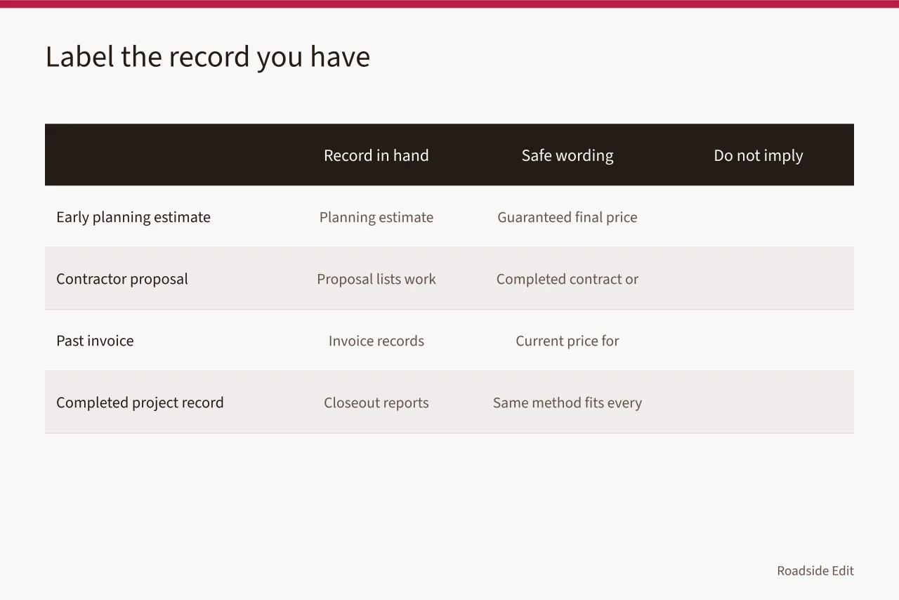 Comparison table matching four record types to safe wording and false implications (How to write roadside architecture safety budget notes without quoting a price)