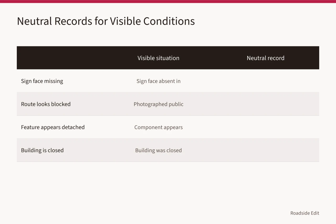 Table matching visible situations to neutral written records (How to report roadside architecture safety warning signs without guessing)