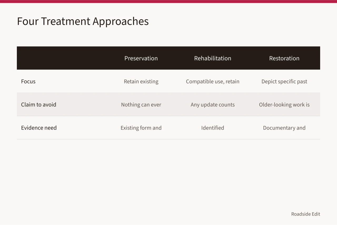 Comparison table of preservation, rehabilitation, restoration, and reconstruction approaches (How to compare roadside architecture treatment options before you choose)