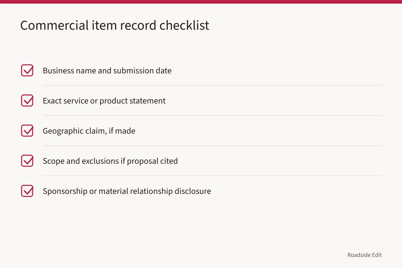 Checklist of five items to preserve for each commercial listing (Roadside building basics budget notes: what to record before you spend)