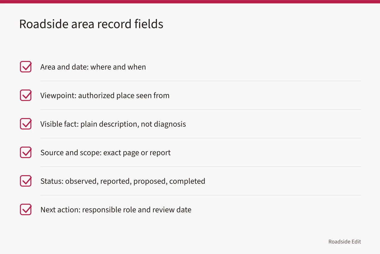 Checklist of six fields for a roadside area care record (How to keep roadside building care records that hold up to review)