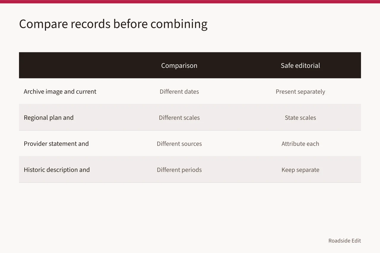 Comparison table pairing four record types with safe editorial results (How to run a roadside building case study method that holds up)