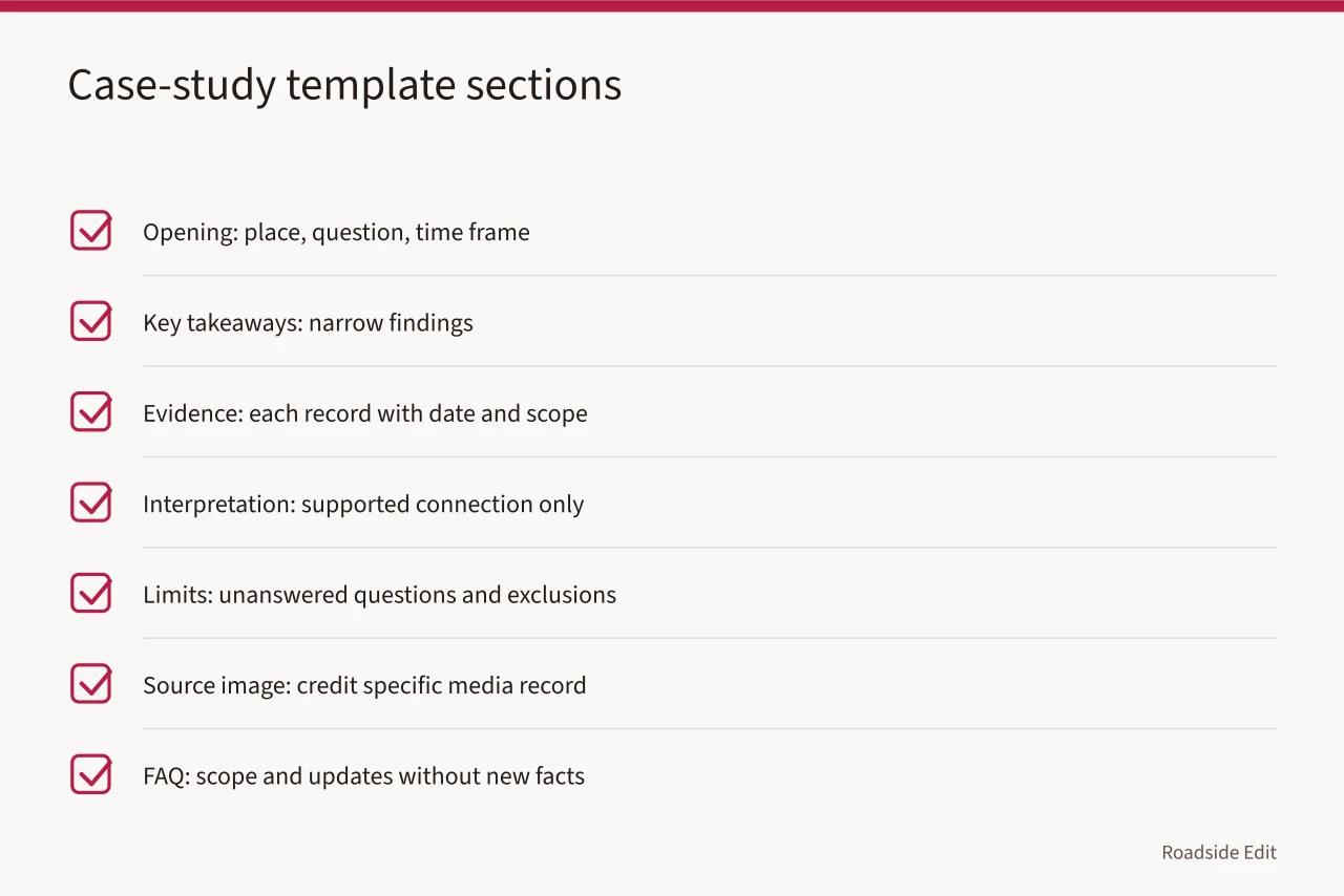 Checklist of seven required sections in a compact case-study template (How to run a roadside building case study method that holds up)