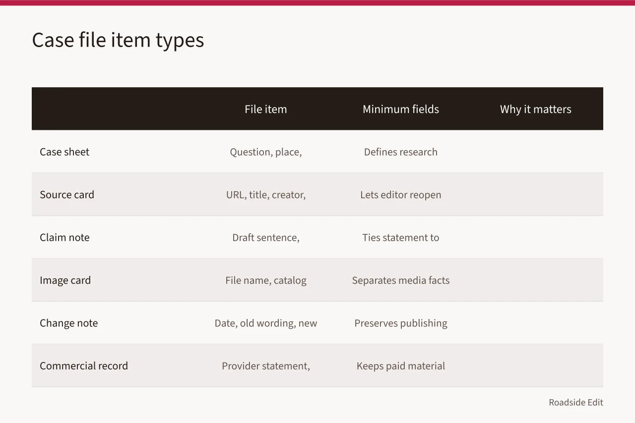 Table comparing six case file record types and their required fields (How roadside building case study records keep owner files straight)