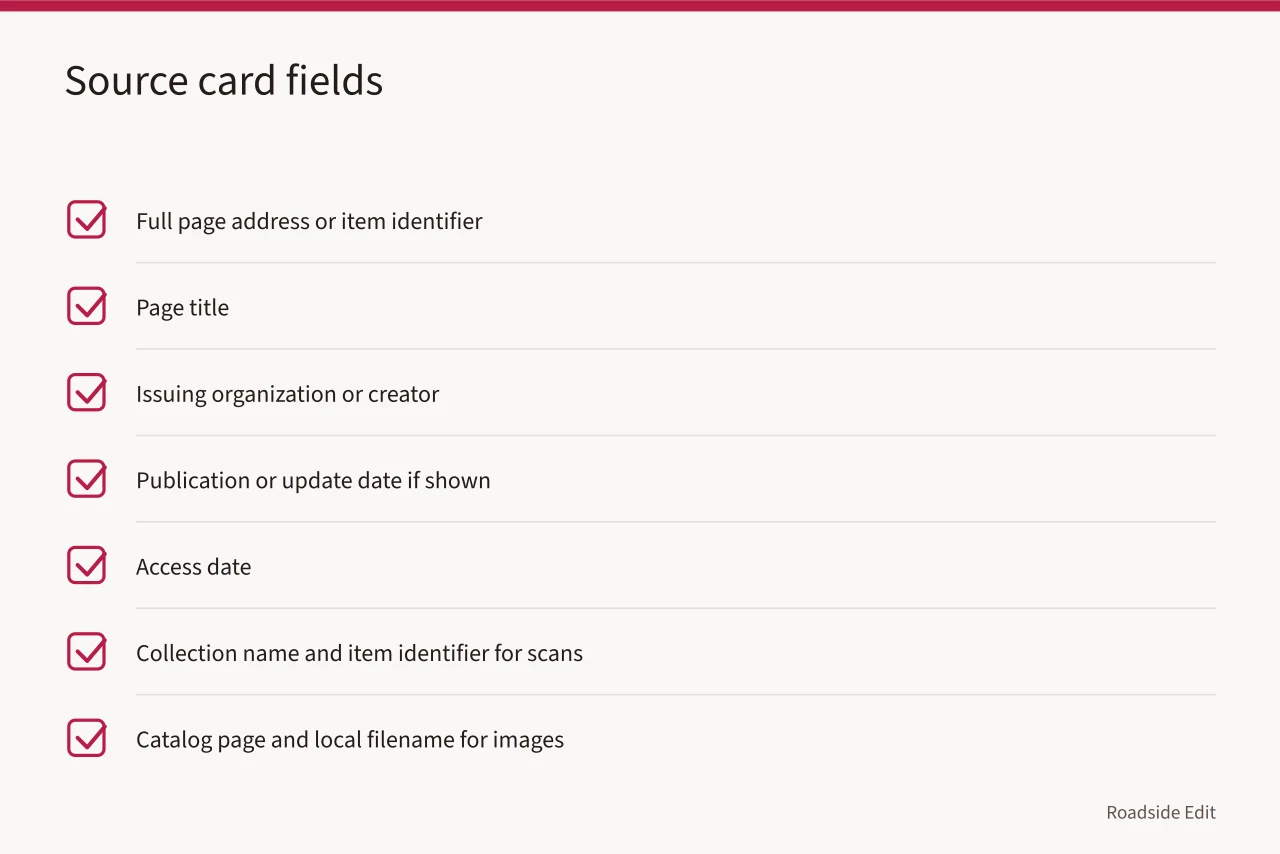 Checklist of fields to capture on a source card (How roadside building case study records keep owner files straight)
