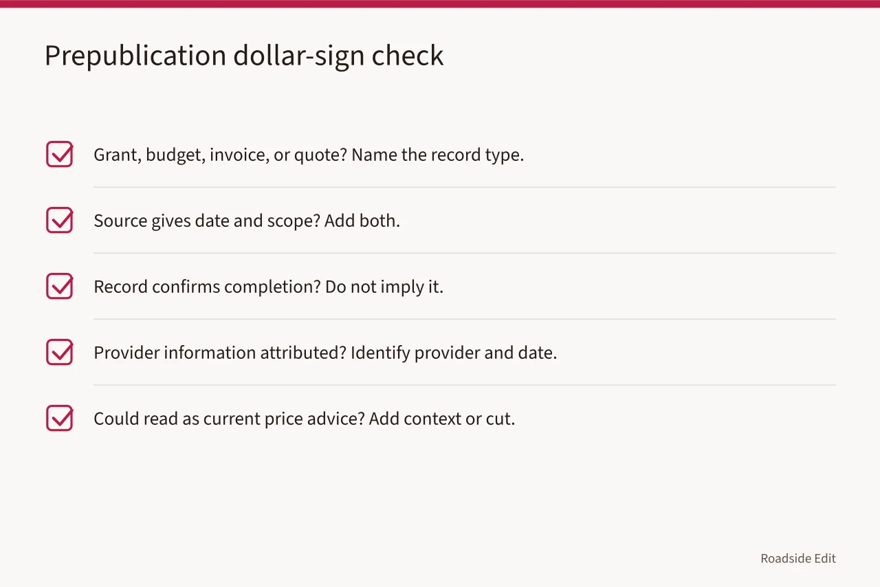 Five-question prepublication checklist for sentences containing dollar figures (Roadside building cost planning: how to keep a clean evidence record)