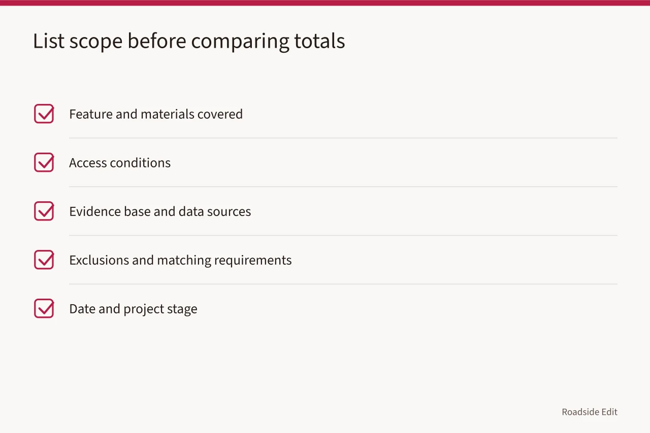 Checklist of scope factors to list before comparing two cost figures (Roadside building cost planning: how to keep a clean evidence record)