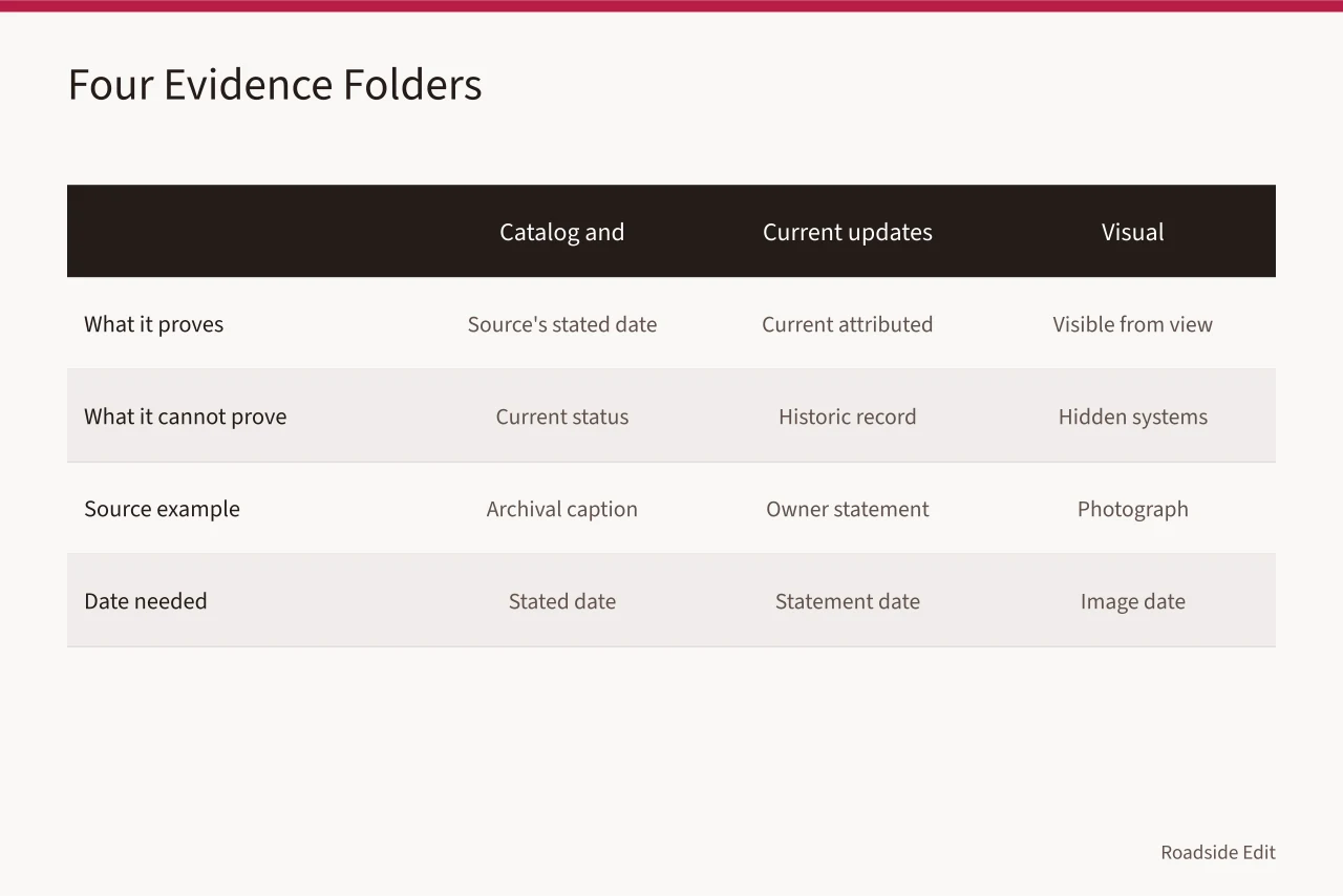 Comparison table of four evidence folders and what each can prove (Roadside building fundamentals: how to date claims and credit images)