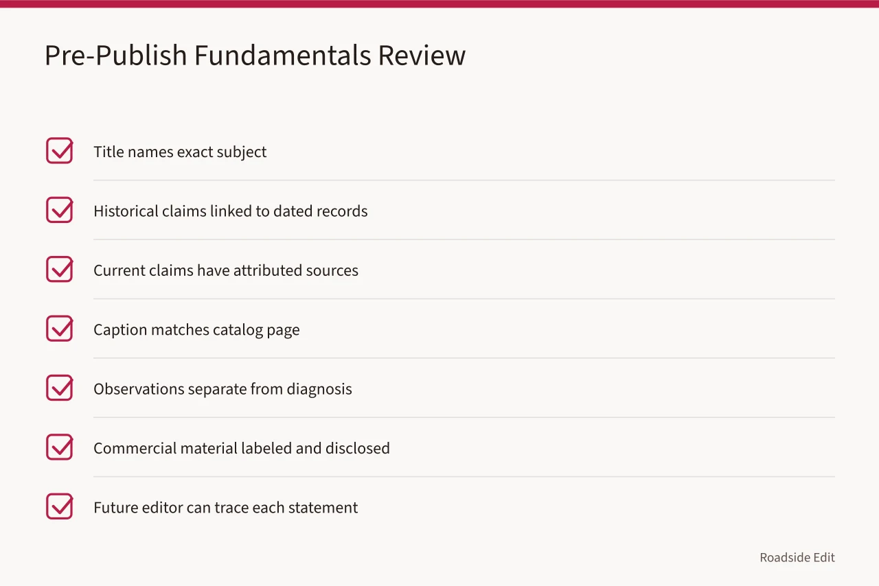 Seven-question pre-publish checklist for roadside building articles (Roadside building fundamentals: how to date claims and credit images)