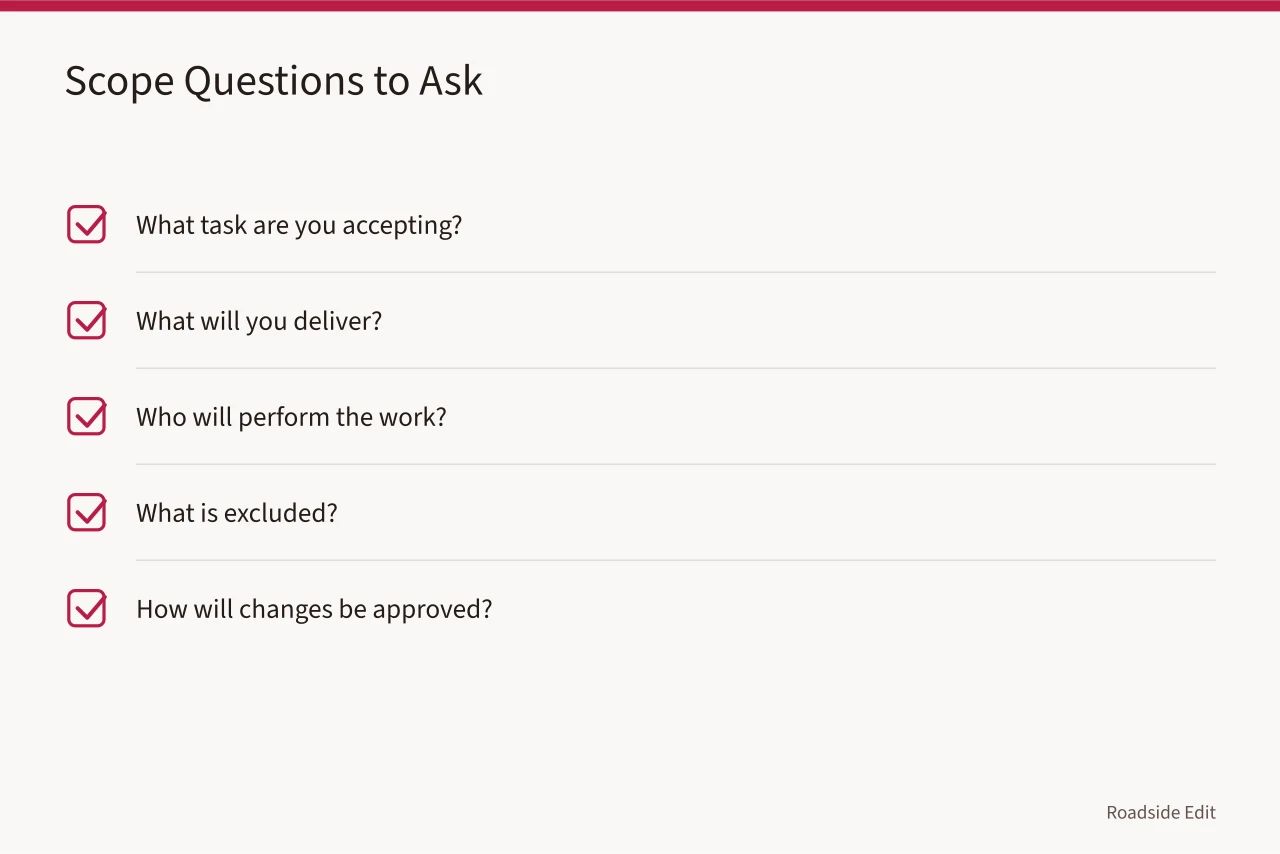 Checklist of five scope questions for roadside building providers (Roadside building hiring questions to ask before you sign)