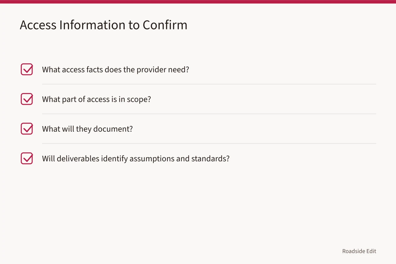 Checklist of access information questions for roadside building projects (Roadside building hiring questions to ask before you sign)