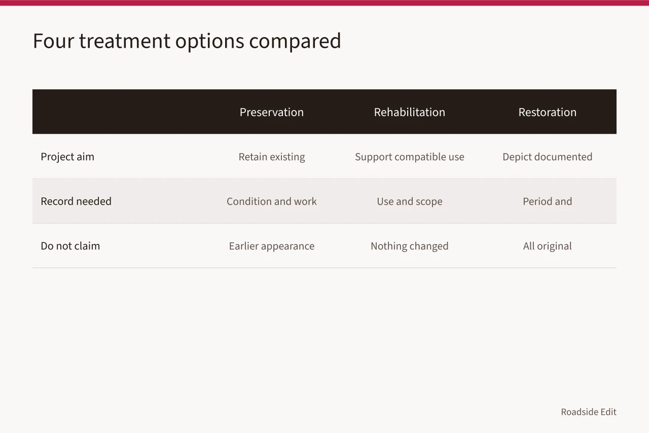 Comparison table of preservation, rehabilitation, restoration and reconstruction goals and records (Roadside building options comparison: preservation, rehabilitation, restoration and reconstruction)