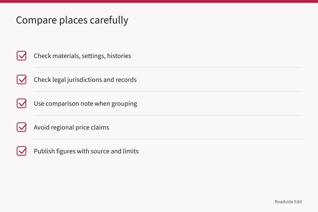 Checklist for comparing roadside places without overgeneralizing (How roadside building regional adaptation shapes a source map)
