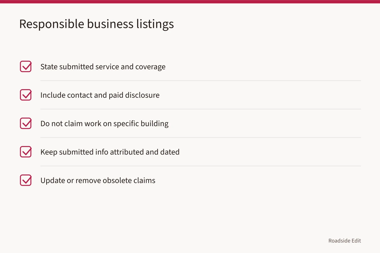Checklist for preparing responsible regional business listings (How roadside building regional adaptation shapes a source map)