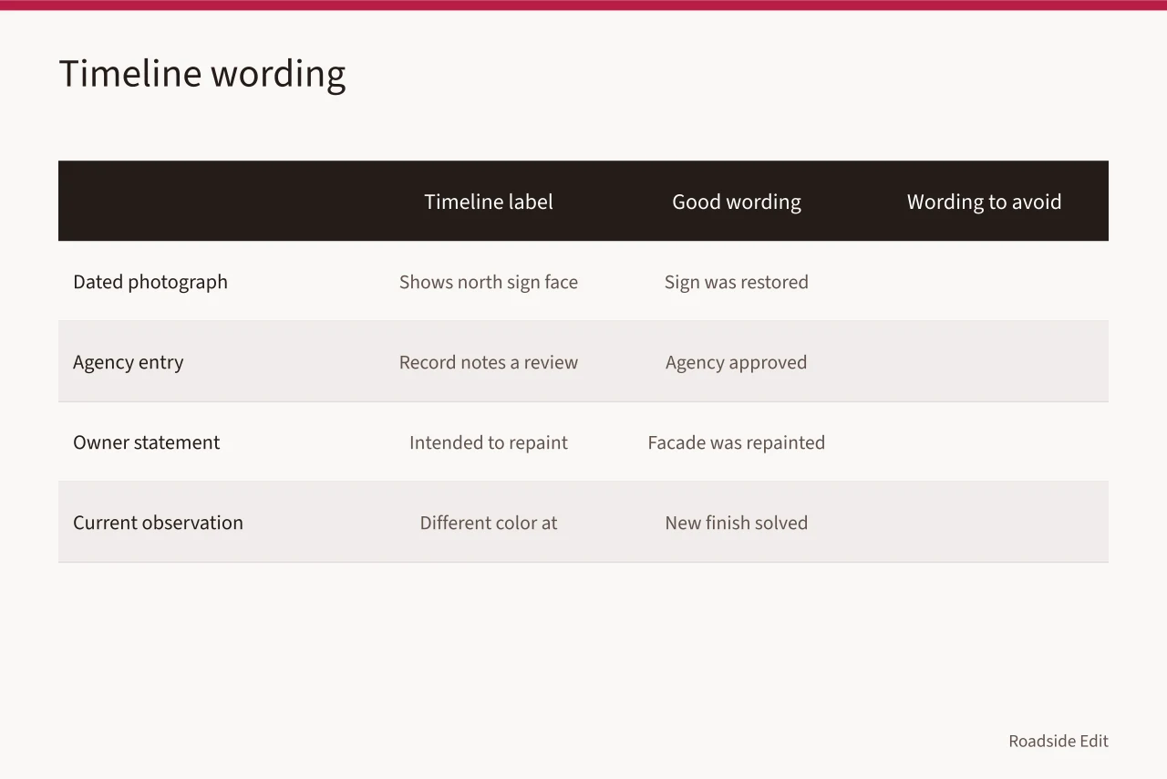 Comparison of good and misleading wording for four timeline labels (Roadside design studios case study checklist: what to settle before you draft)