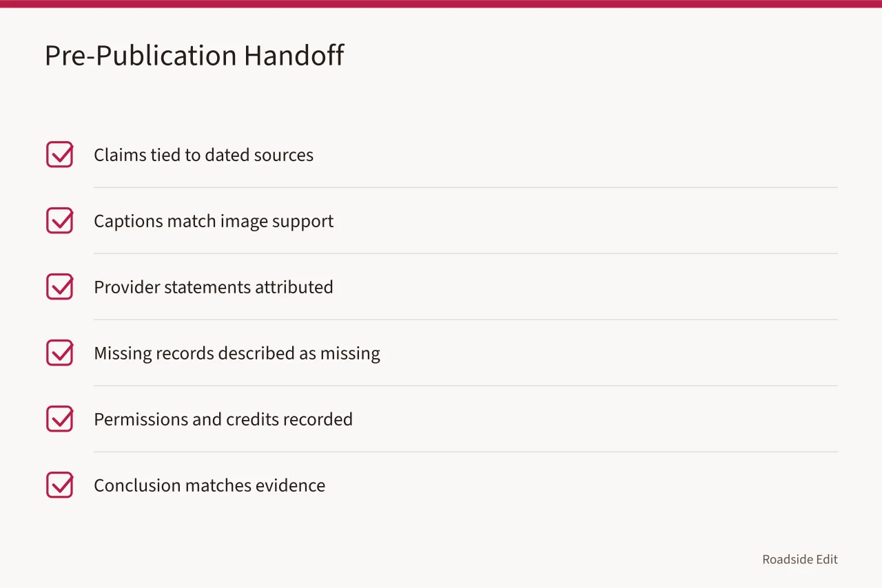 Pre-publication checklist for source and credit review (Roadside design studios case study method comparison questions to ask before you trust a record)