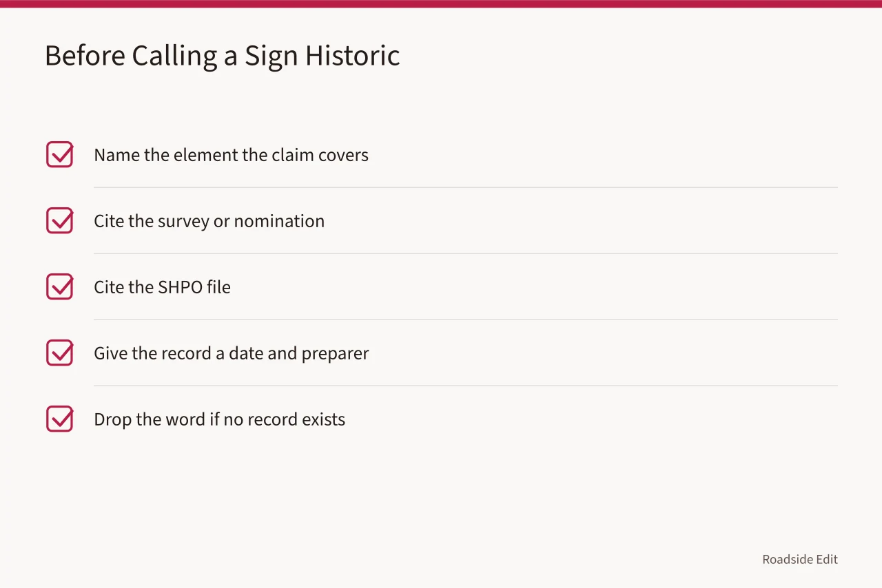 Checklist of records needed before labeling a sign historic (How roadside design case studies handle warning signs and weak sourcing)