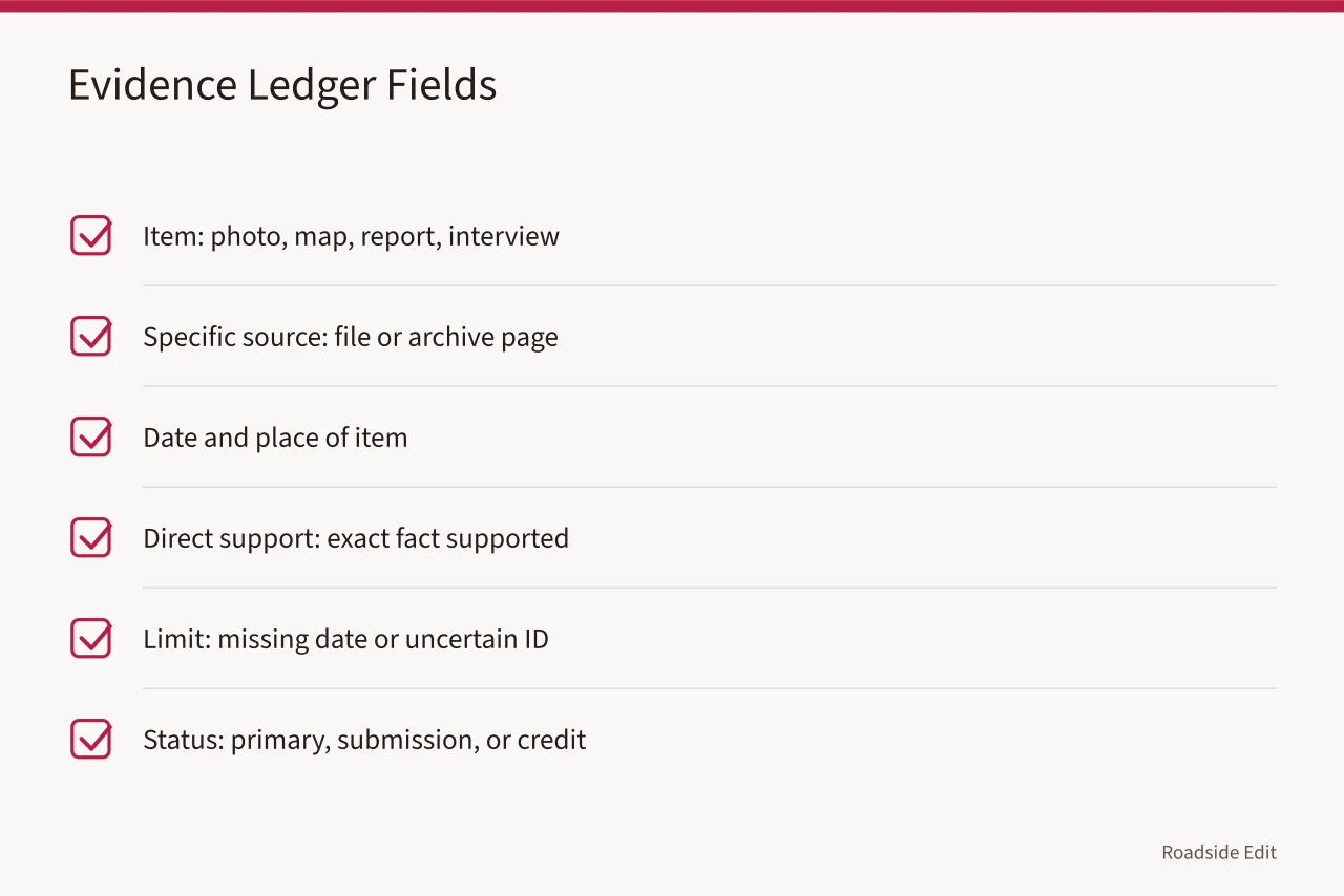 Checklist of four definition fields: subject, location, time range, editorial question (How roadside design studios can build a case study method readers can audit)