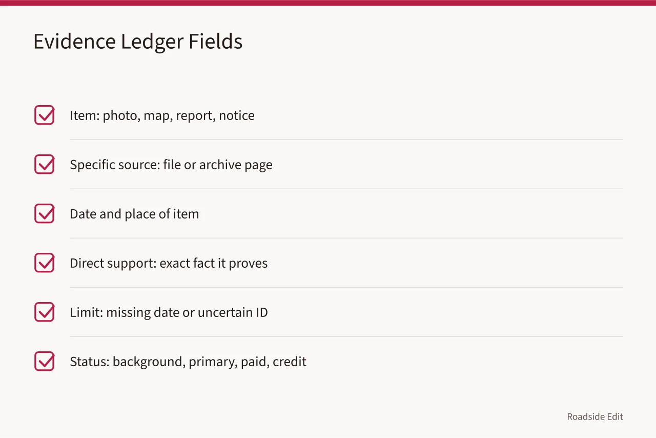Checklist of six evidence ledger fields for roadside case studies (How roadside design studios can build a case study method readers can audit)