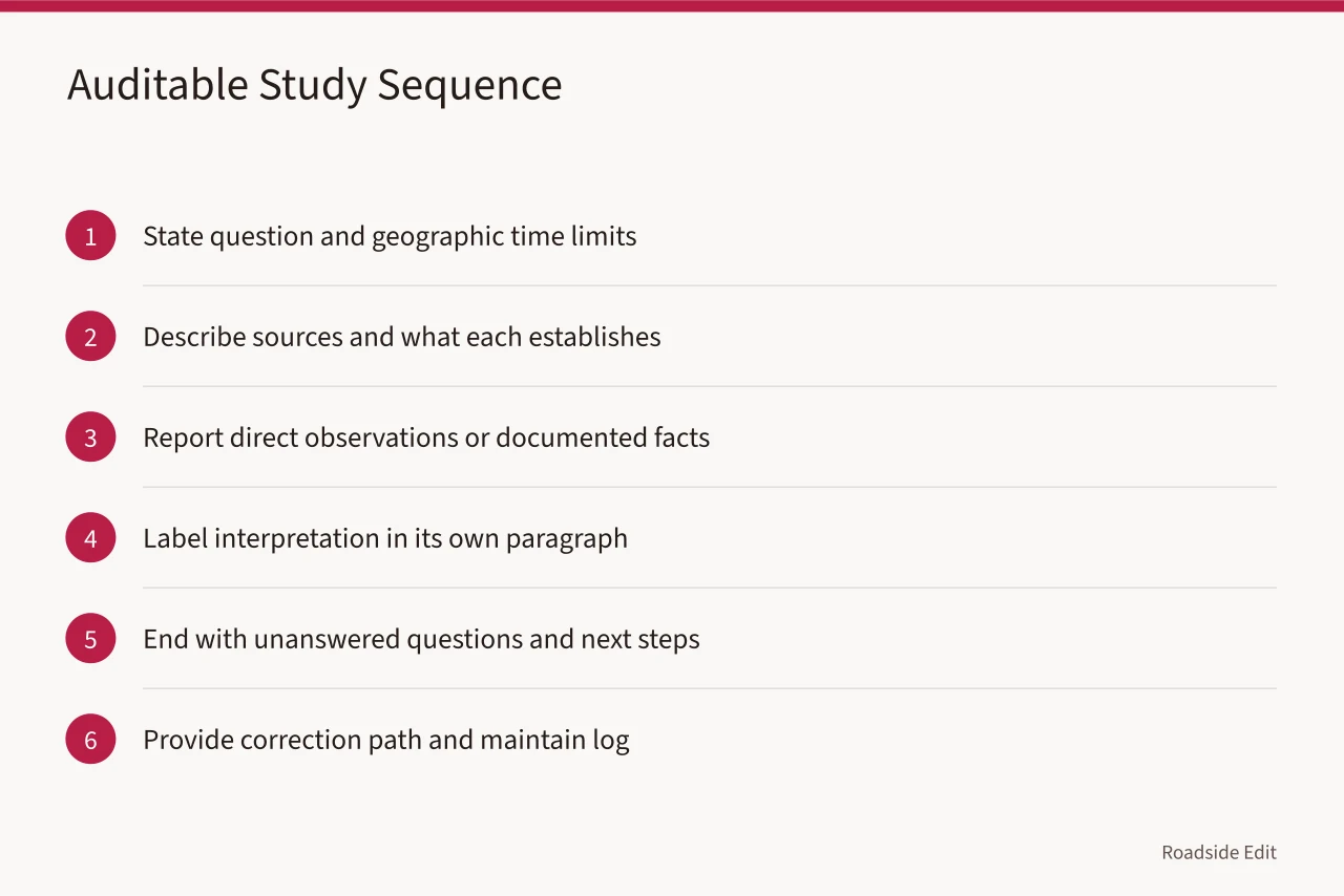 Six-step sequence for drafting an auditable roadside case study (How roadside design studios can build a case study method readers can audit)