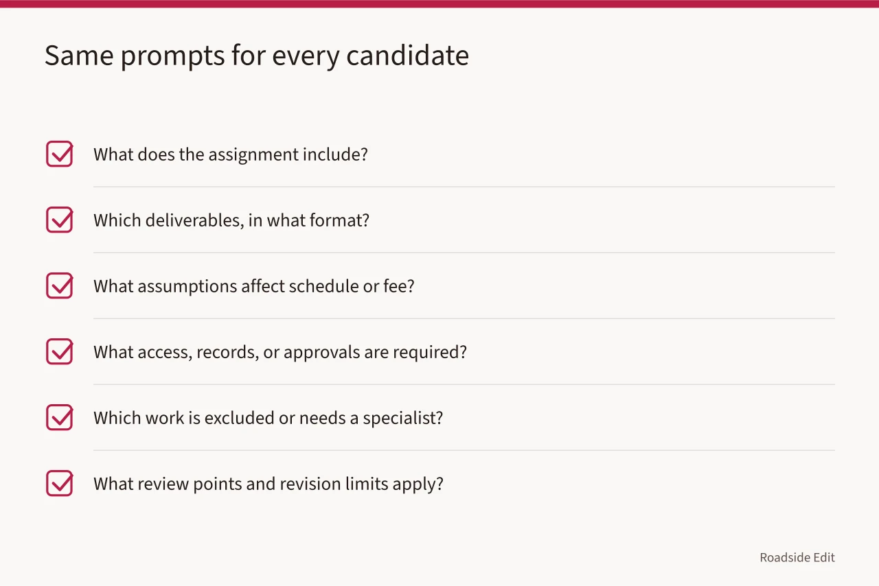 Six identical response prompts sent to every roadside design candidate (Hiring a roadside design studio: how to brief, compare and choose)