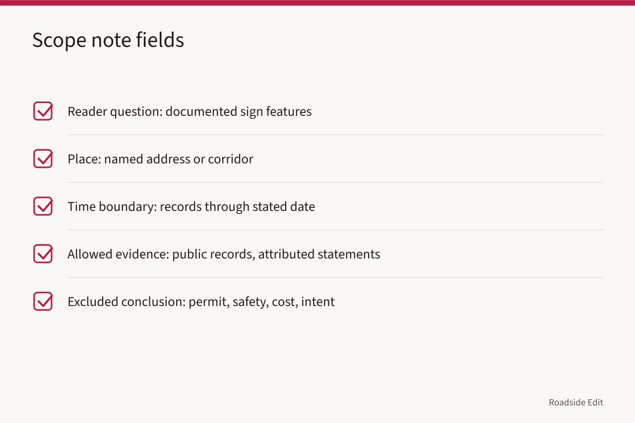 Checklist of scope note fields for planning a roadside article (Roadside design studio mistakes checklist: how to catch weak claims before you publish)