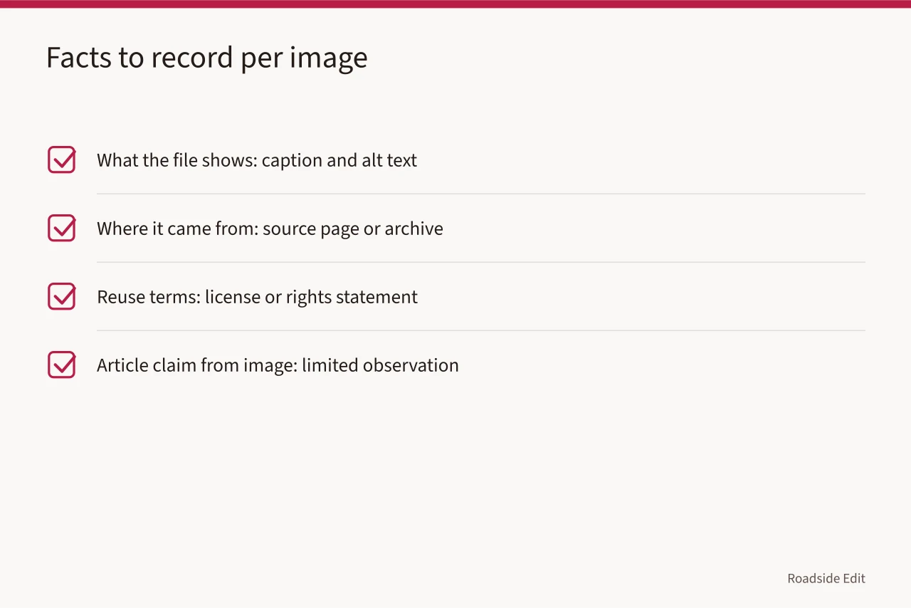 Four image record questions covering caption, source, rights, and claims (Roadside design studio mistakes checklist: how to catch weak claims before you publish)