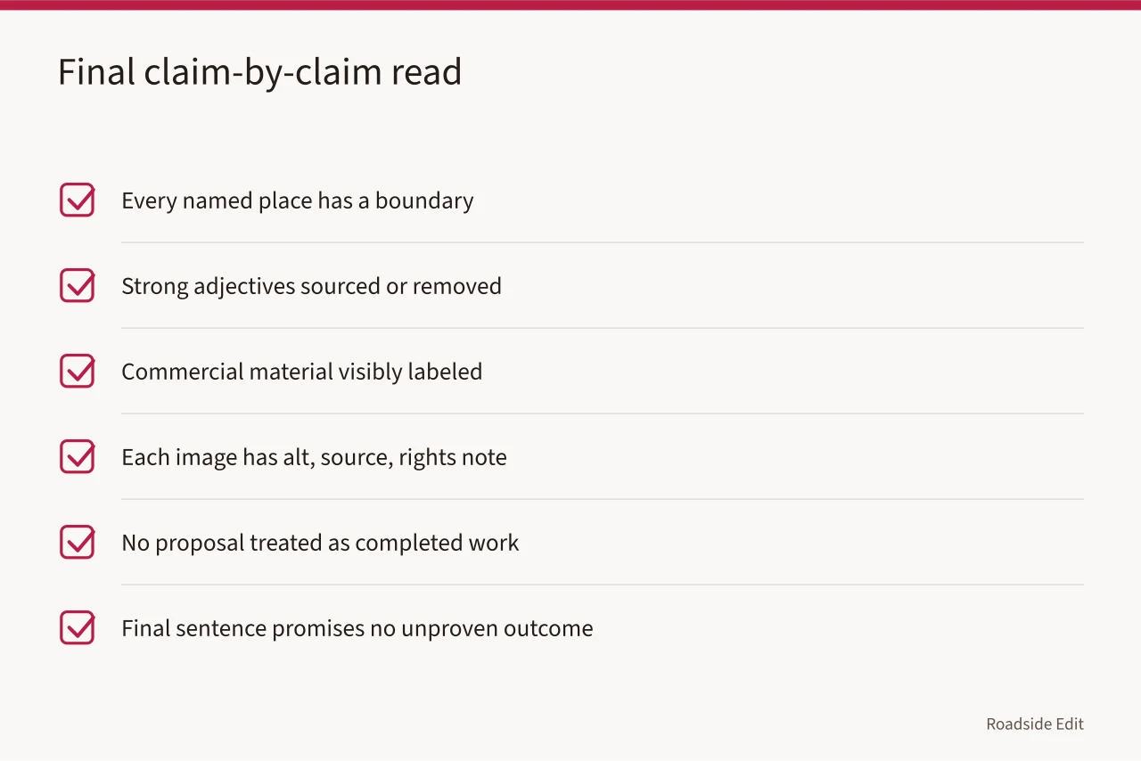 Six-point pre-publication checklist for a skeptical final read (Roadside design studio mistakes checklist: how to catch weak claims before you publish)