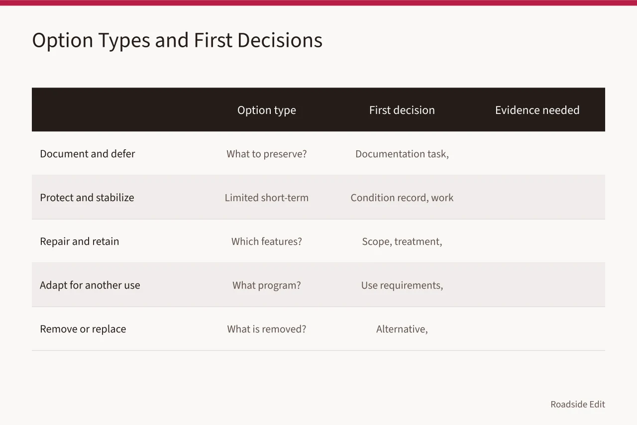 Table of five roadside option types with first decisions and evidence needed (How to compare roadside design studio options before you price anything)