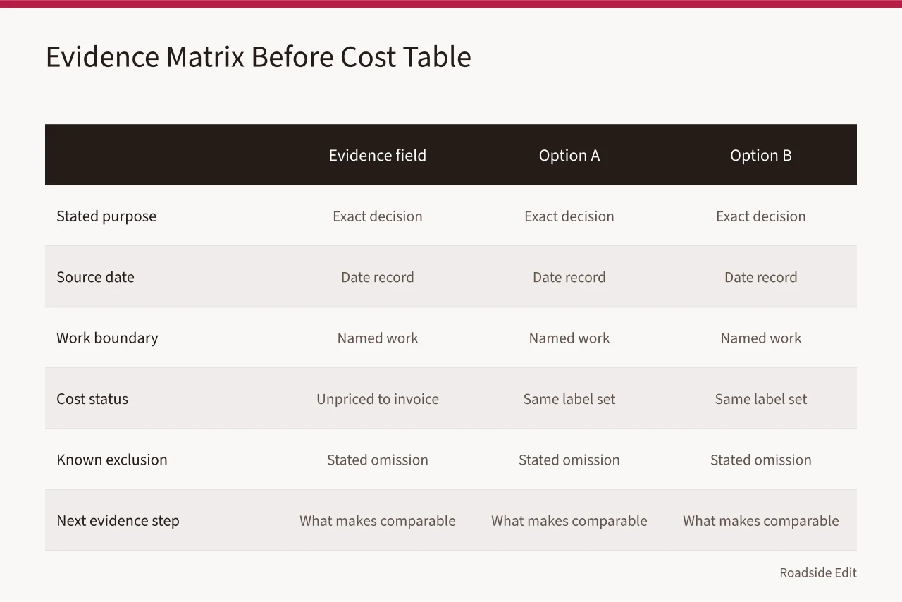 Evidence matrix template comparing three options across six evidence fields (How to compare roadside design studio options before you price anything)
