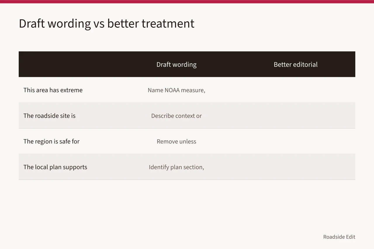 Table rewriting four vague regional claims into auditable editorial treatments (Roadside design studio regional checklist: how to keep area data from becoming site claims)