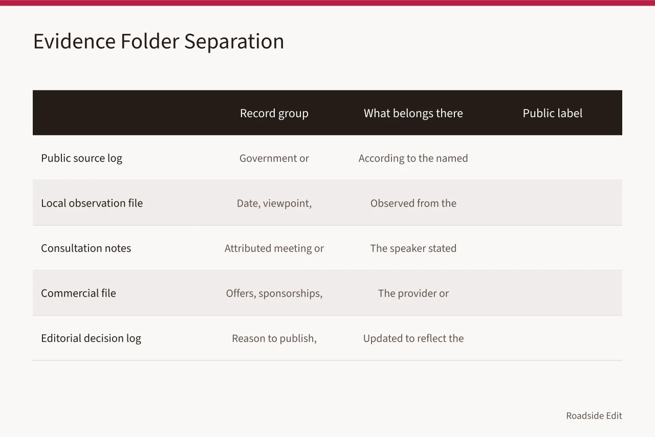 Table separating five evidence record groups with their public labels (How roadside design studios should keep regional owner records before publishing)