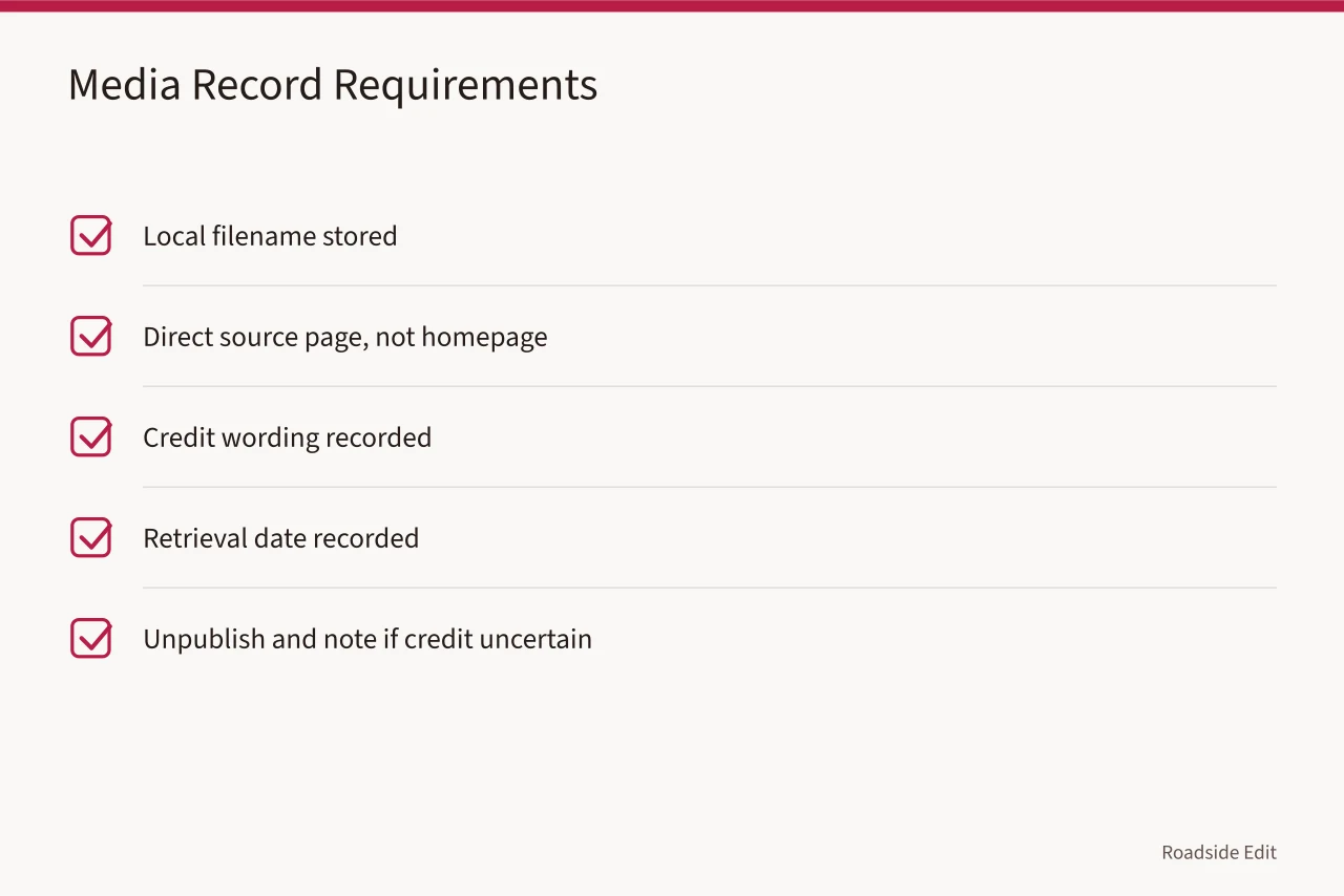 Checklist of five items stored together for every published image (How roadside design studios should keep regional owner records before publishing)