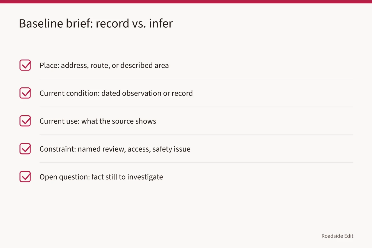 Checklist of baseline items to record and what not to infer (How to compare roadside design studio options before you sign)