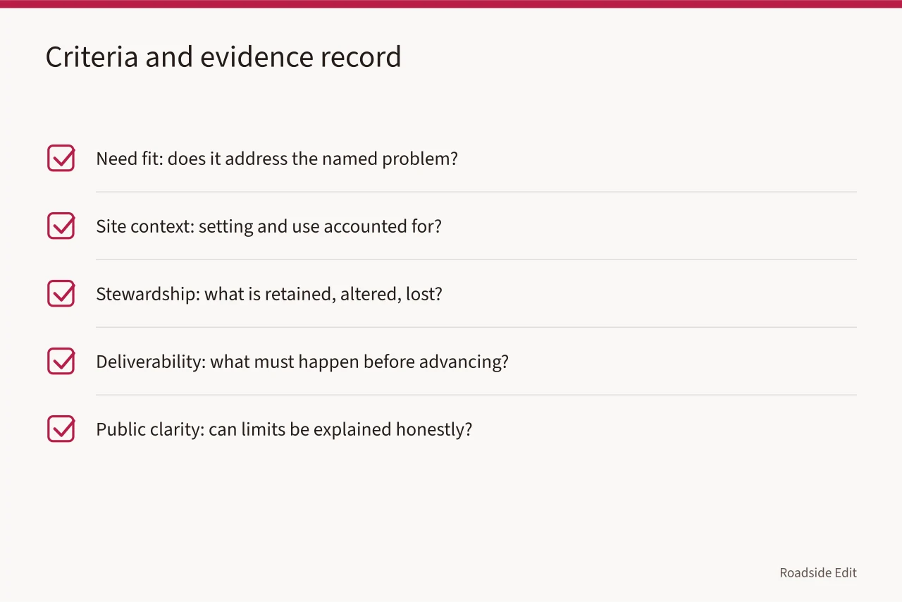 Checklist of criteria with the evidence each should record (How to compare roadside design studio options before you sign)