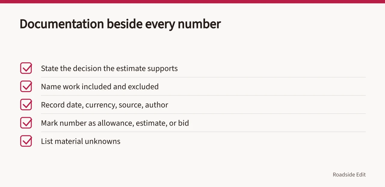 Checklist of five documentation steps to record beside every published cost estimate (Roadside renovation budget notes: how to read the numbers and costs before you commit)