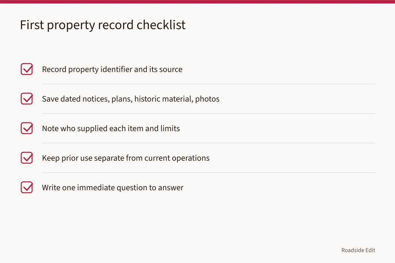 Checklist for building a first property record with five documentation steps (Roadside renovation fundamentals: a scope checklist before you decide)