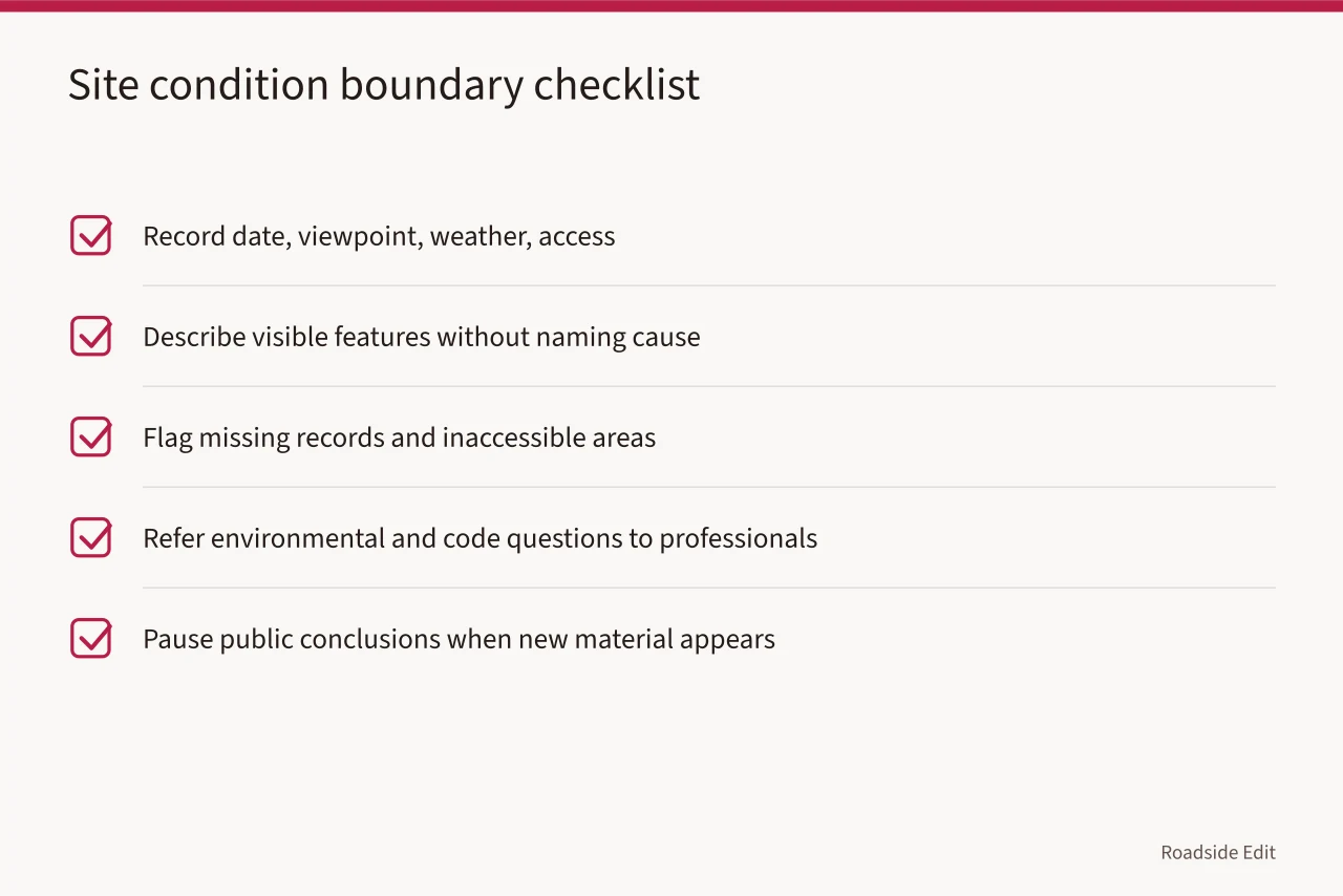 Checklist for setting boundaries around visible site conditions and unknowns (Roadside renovation fundamentals: a scope checklist before you decide)